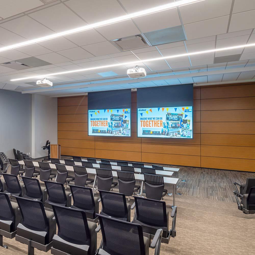 classroom with screens and moveable walls