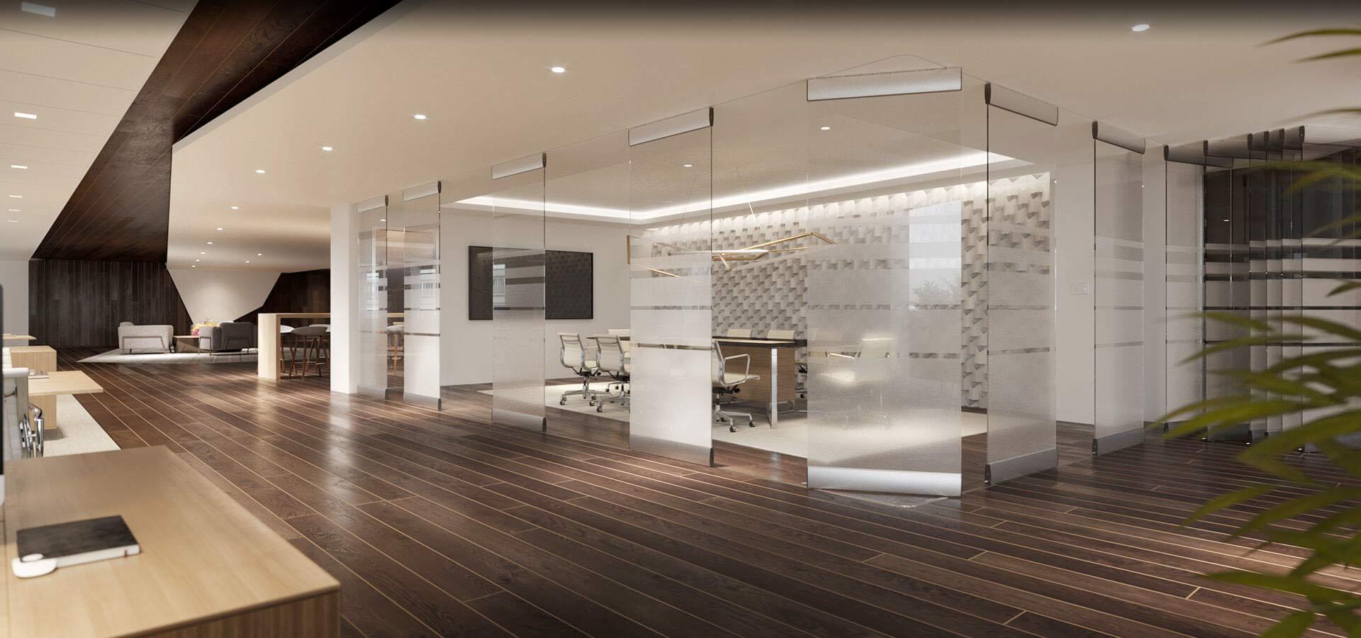 Glass movable wall system in an office