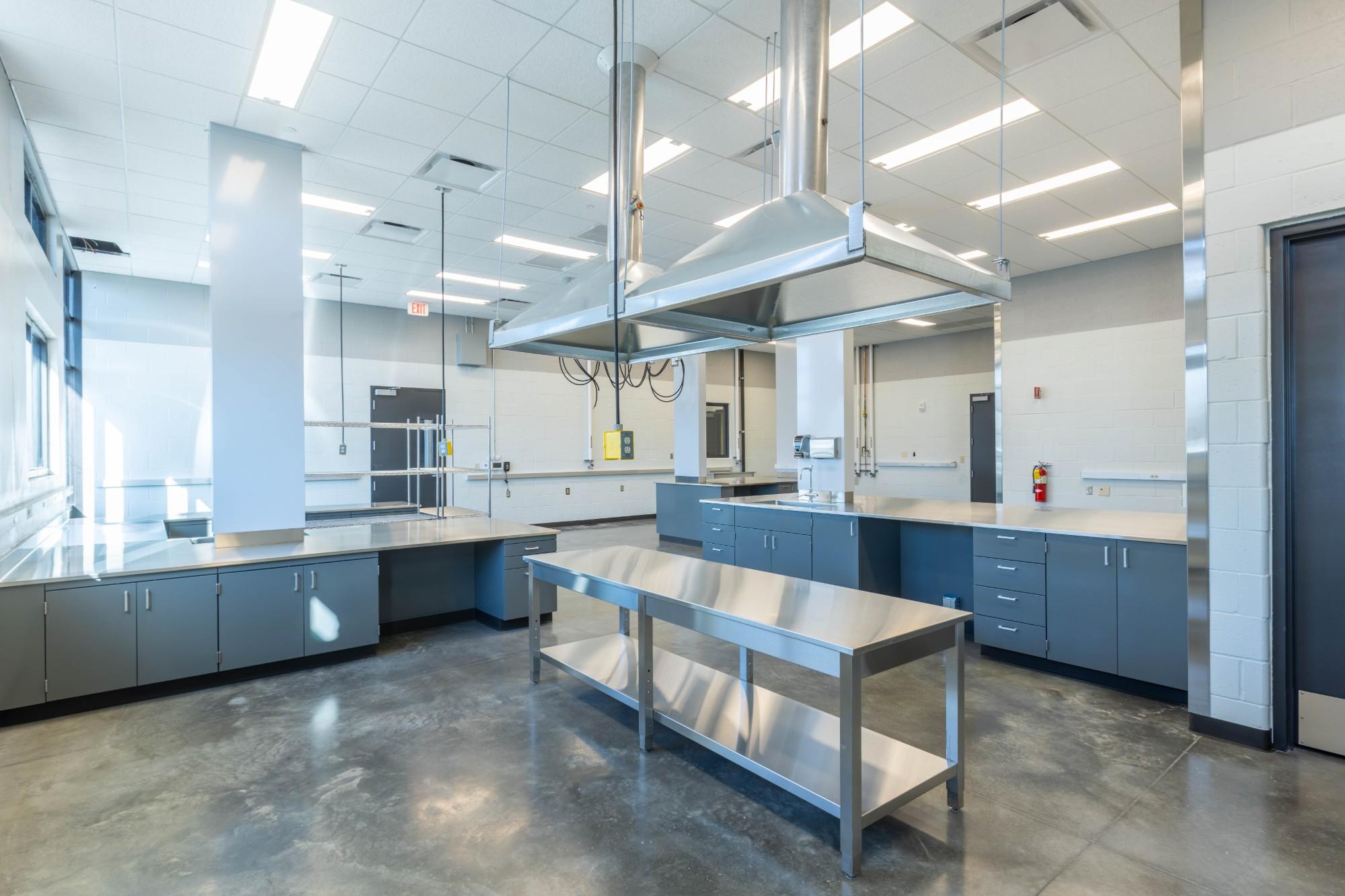 Laboratory with gray casework, stainless steel countertops and worktable, and two canopy exhaust hoods